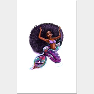 mermaid with big Afro underwater, brown eyes curly Afro hair and caramel brown skin. Black mermaid Posters and Art